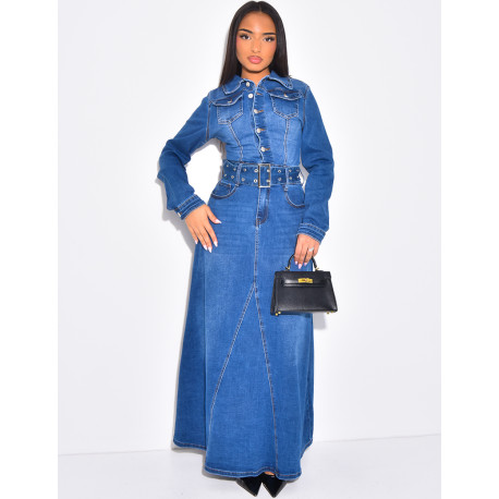 Robe longue en jeans évasée à ceinture