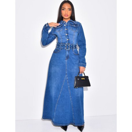 Robe longue en jeans évasée à ceinture
