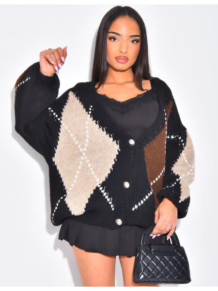 Oversize-Strickjacke mit Jacquardmuster und goldenen Knöpfen