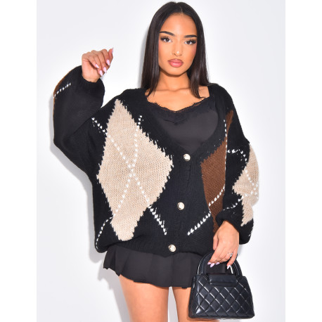 Oversize-Strickjacke mit Jacquardmuster und goldenen Knöpfen