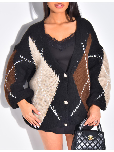 Oversize-Strickjacke mit Jacquardmuster und goldenen Knöpfen