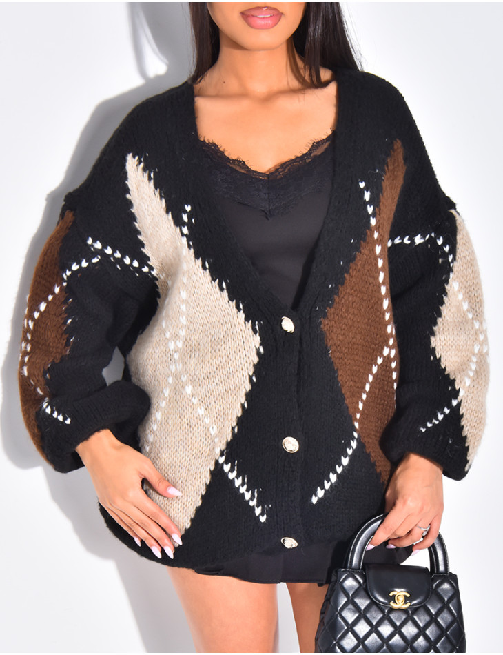 Oversize-Strickjacke mit Jacquardmuster und goldenen Knöpfen
