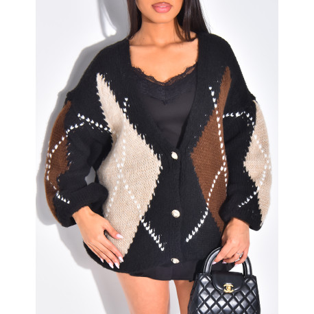 Oversize-Strickjacke mit Jacquardmuster und goldenen Knöpfen