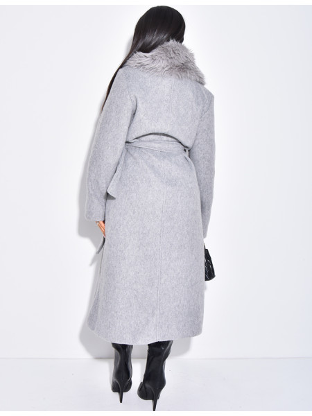 Manteau long en laine à col en fausse fourrure