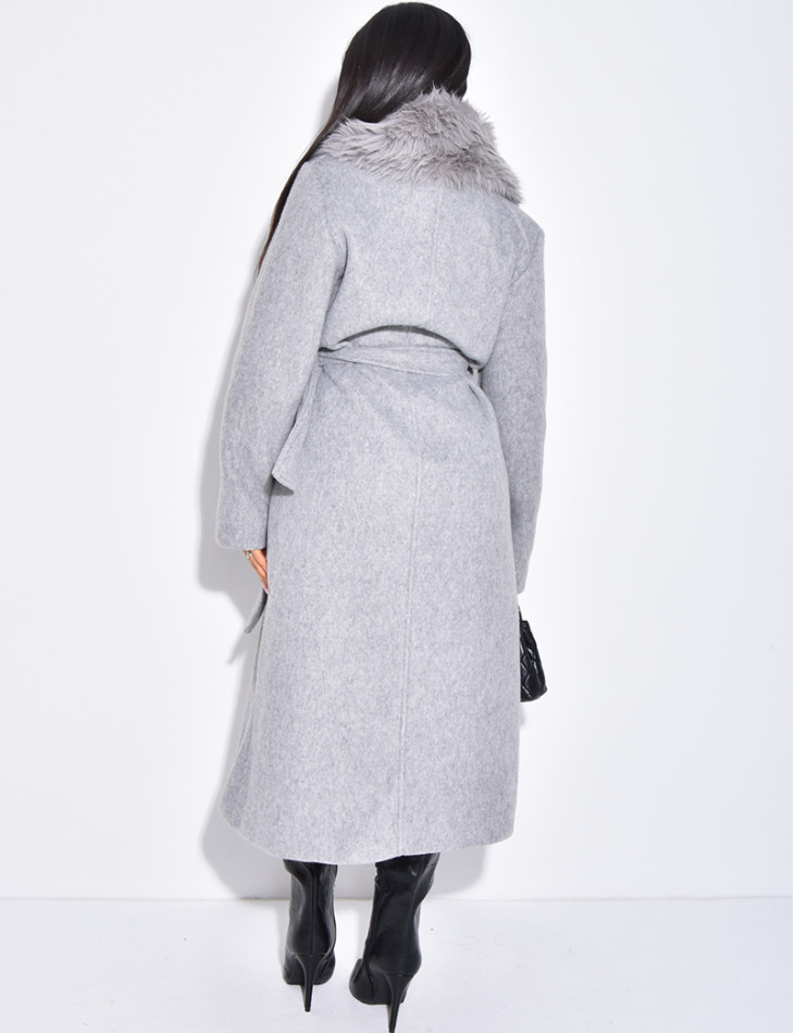 Manteau long en laine à col en fausse fourrure