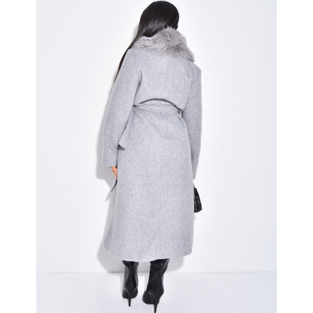Manteau long en laine à col en fausse fourrure