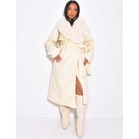Manteau long en feutrine à col en fausse fourrure