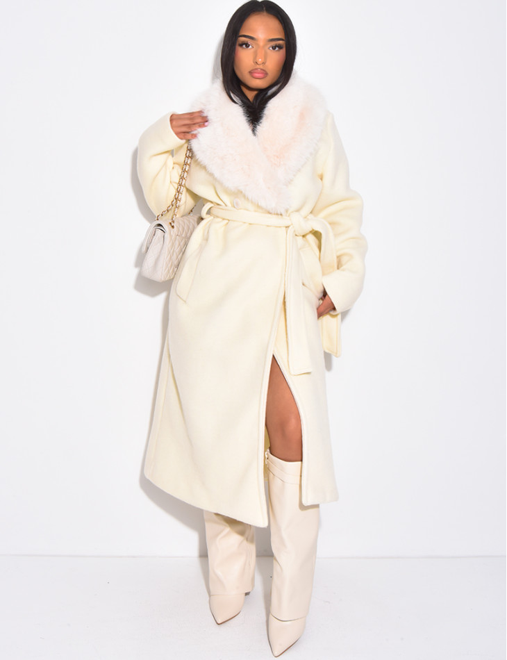 Manteau long en feutrine à col en fausse fourrure