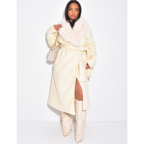 Manteau long en feutrine à col en fausse fourrure