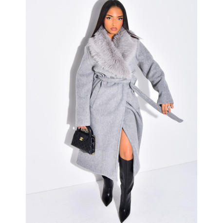 Manteau long en laine à col en fausse fourrure