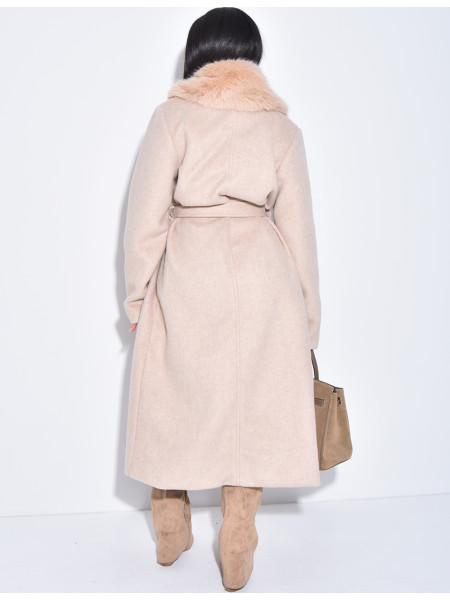 Manteau long en feutrine à col en fausse fourrure