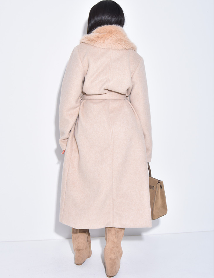 Manteau long en feutrine à col en fausse fourrure