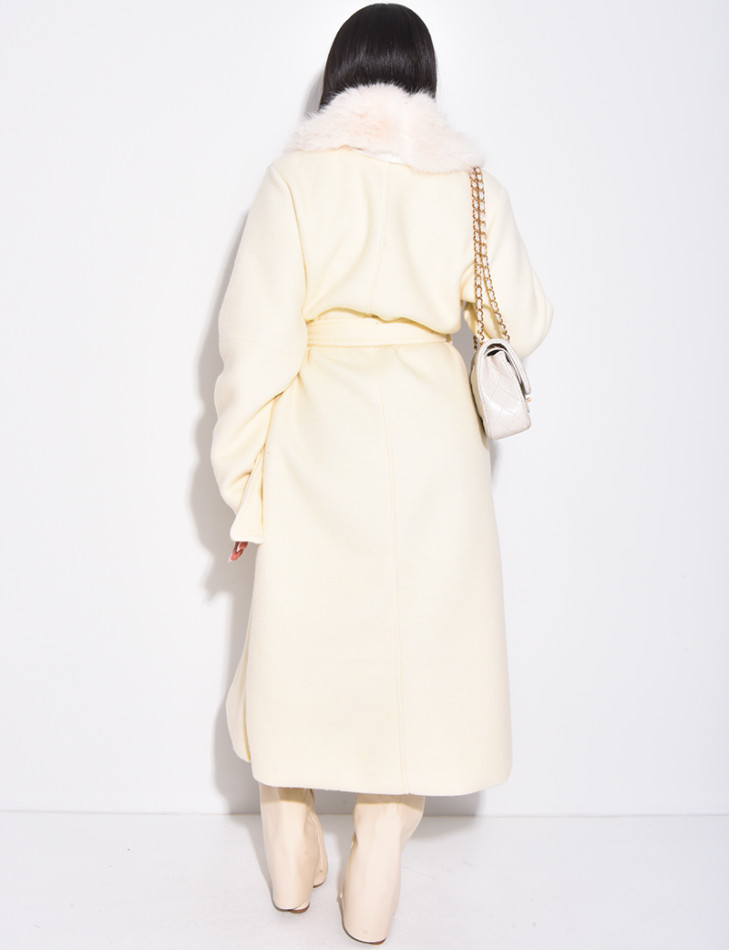Manteau long en feutrine à col en fausse fourrure