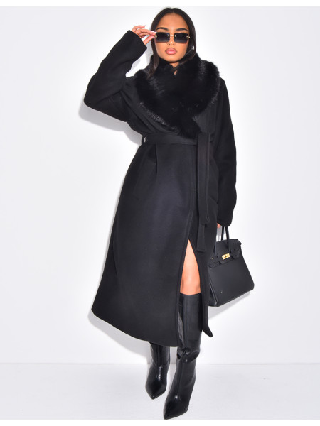Manteau long en feutrine à col en fausse fourrure