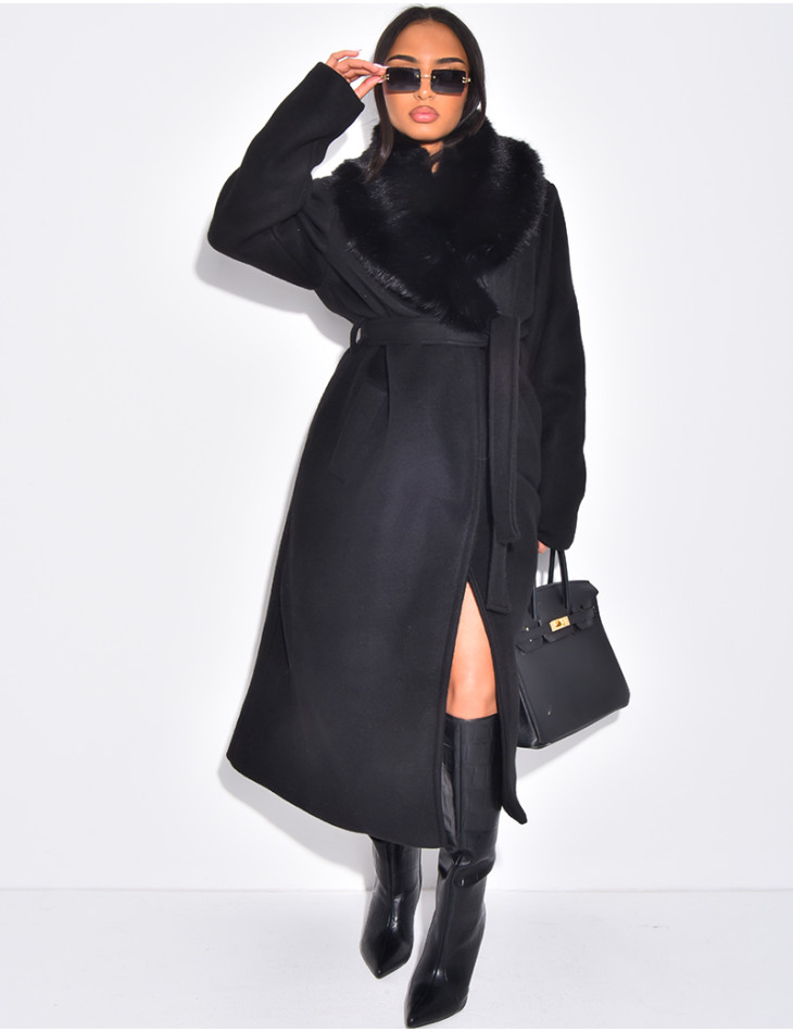 Manteau long en feutrine à col en fausse fourrure