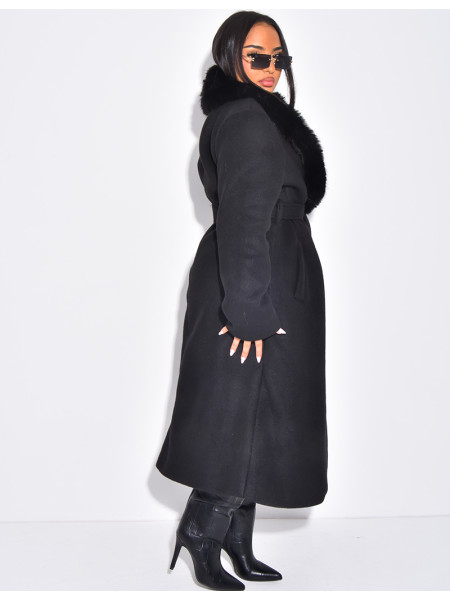 Manteau long en feutrine à col en fausse fourrure