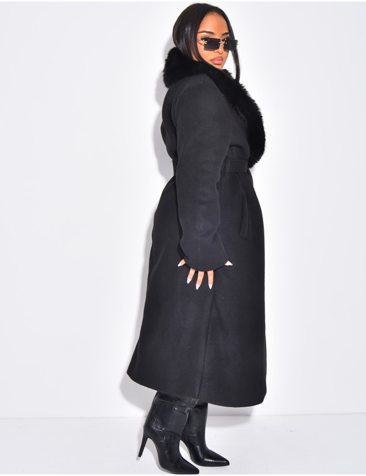 Manteau long en feutrine à col en fausse fourrure