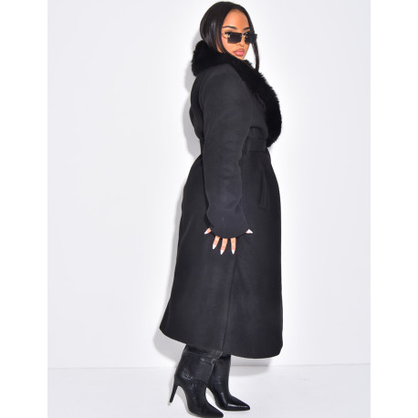 Manteau long en feutrine à col en fausse fourrure