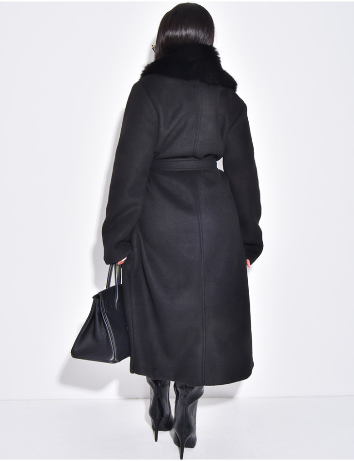 Manteau long en feutrine à col en fausse fourrure