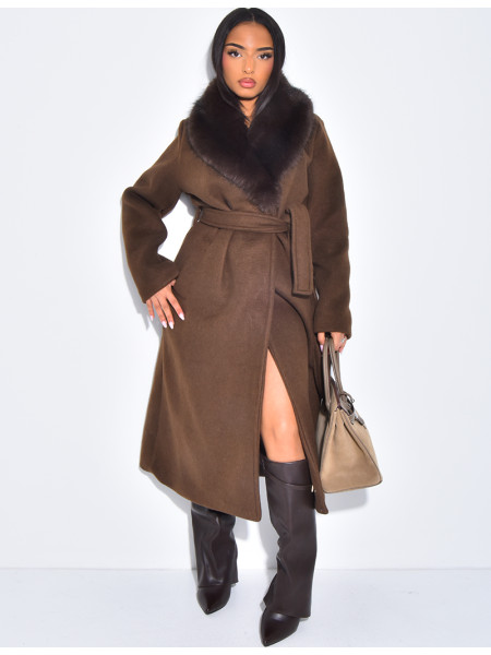 Manteau long en feutrine à col en fausse fourrure