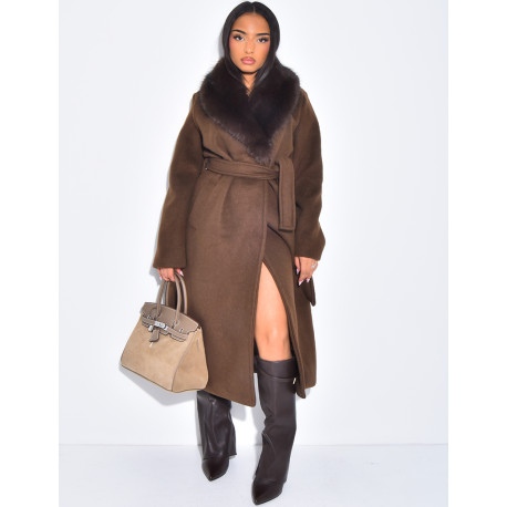 Manteau long en feutrine à col en fausse fourrure