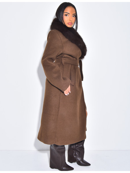 Manteau long en feutrine à col en fausse fourrure