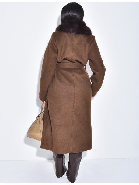 Manteau long en feutrine à col en fausse fourrure