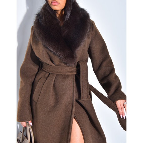 Manteau long en feutrine à col en fausse fourrure