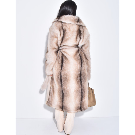 Manteau très long en fausse fourrure et ceinture