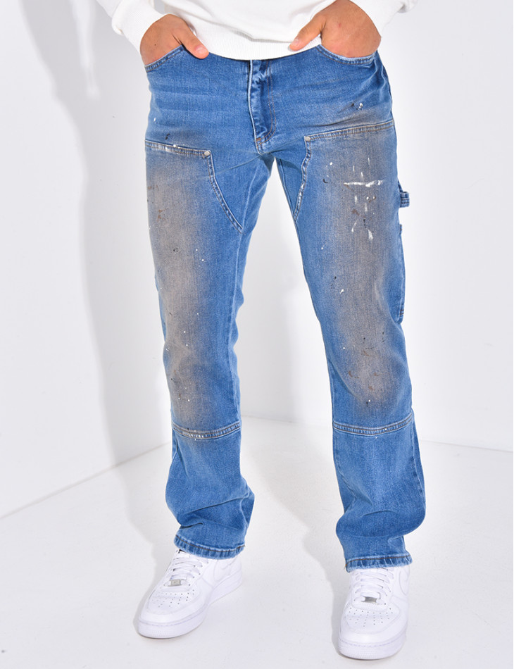 Jeans à tâches de peinture et empiècements contrastants