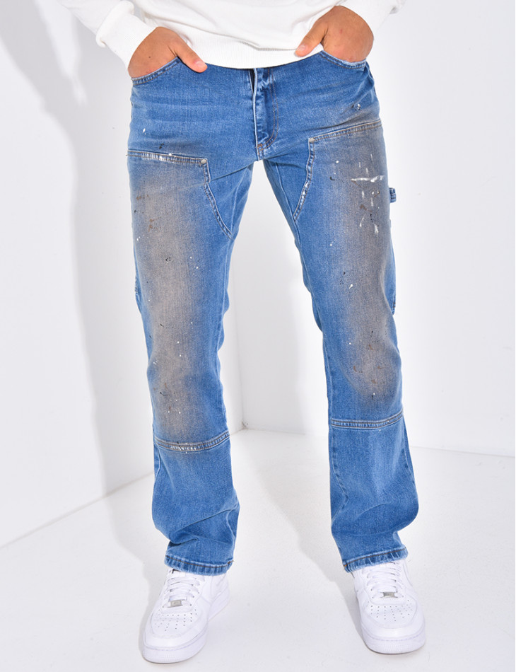Jeans à tâches de peinture et empiècements contrastants