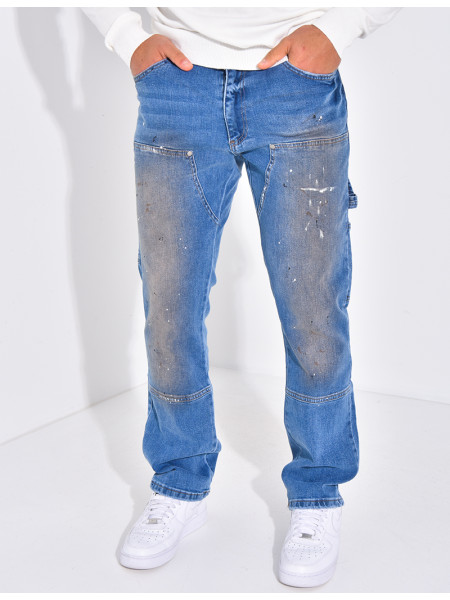 Jeans à tâches de peinture et empiècements contrastants