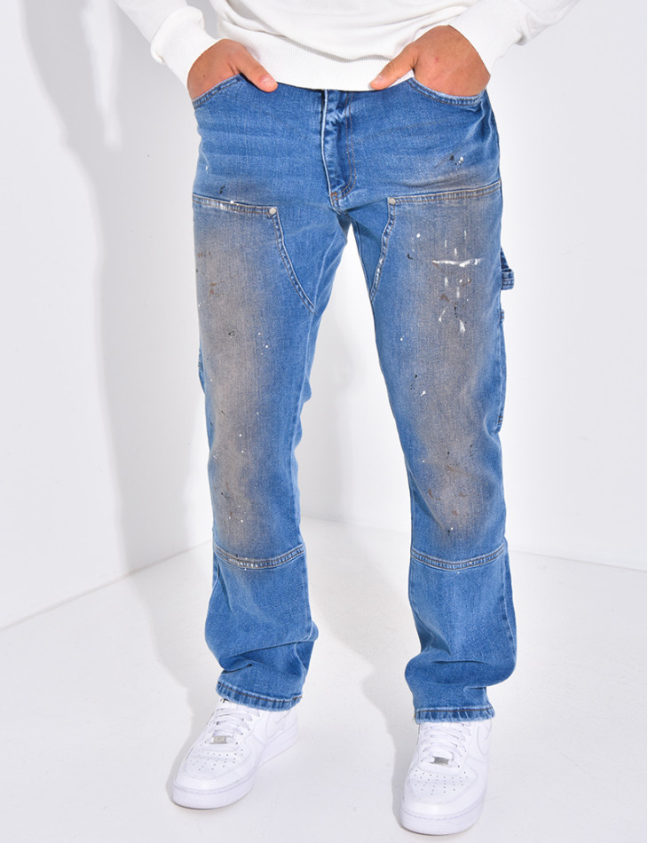 Jeans à tâches de peinture et empiècements contrastants