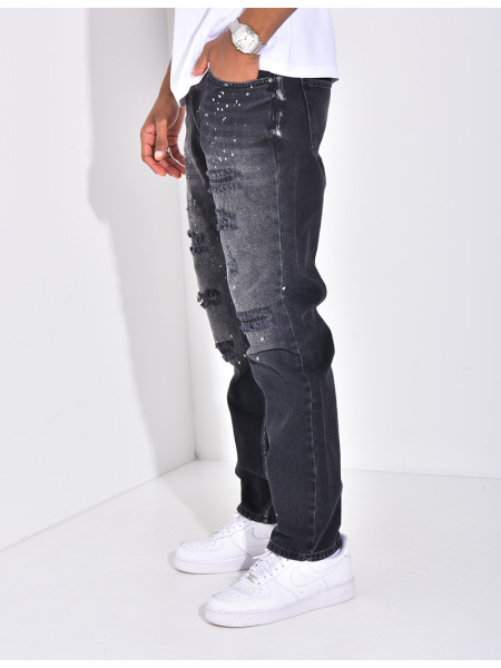 Jeans coupe droite destroy & à tâches de peinture