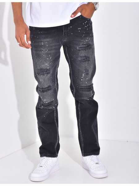 Jeans coupe droite destroy & à tâches de peinture