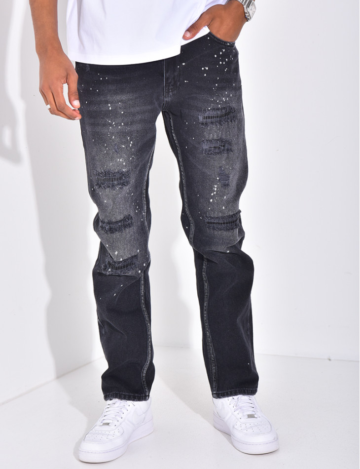 Jeans coupe droite destroy & à tâches de peinture