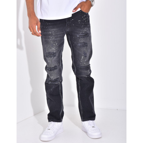 Jeans coupe droite destroy & à tâches de peinture