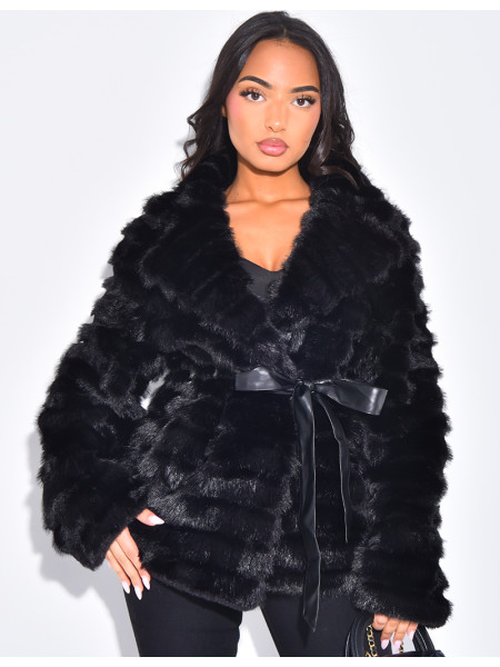 Short faux fur coat with matching belt