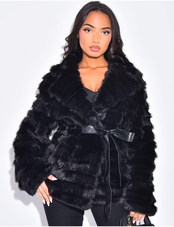 Short faux fur coat with matching belt