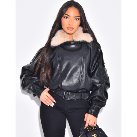 Blouson aviateur en similicuir à col fourrure amovible