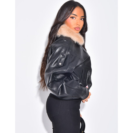 Blouson aviateur en similicuir à col fourrure amovible