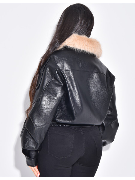 Blouson aviateur en similicuir à col fourrure amovible