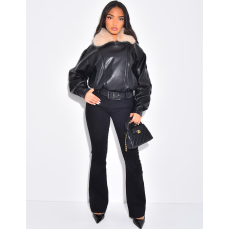 Blouson aviateur en similicuir à col fourrure amovible