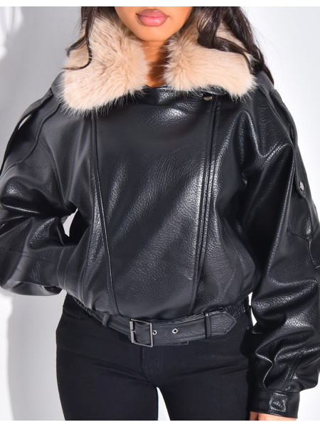 Blouson aviateur en similicuir à col fourrure amovible