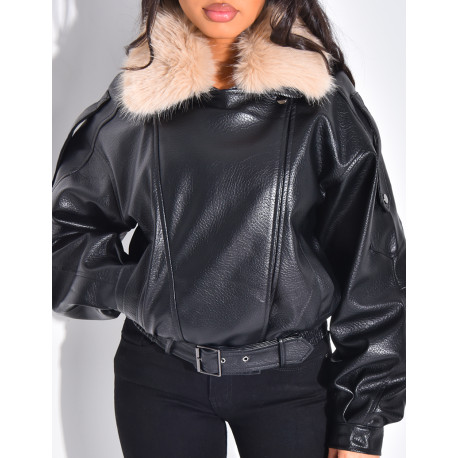 Blouson aviateur en similicuir à col fourrure amovible