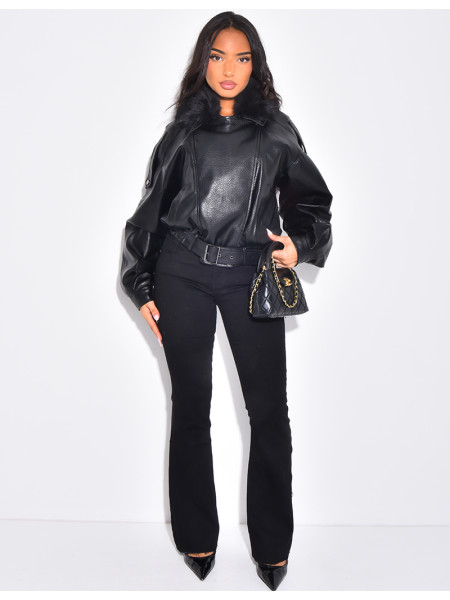 Blouson aviateur en similicuir à col fourrure amovible