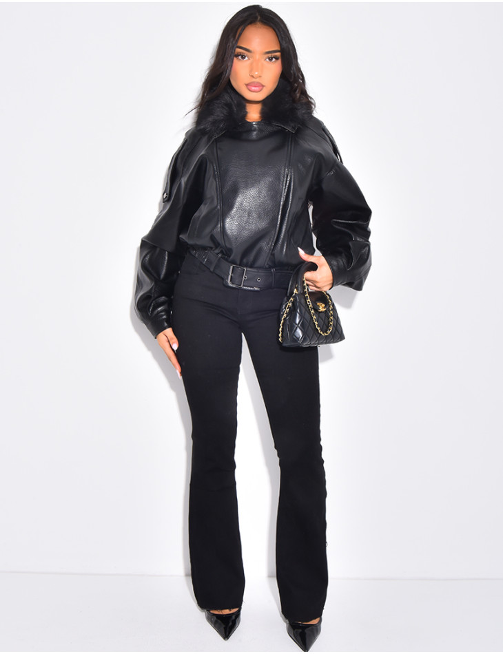 Blouson aviateur en similicuir à col fourrure amovible