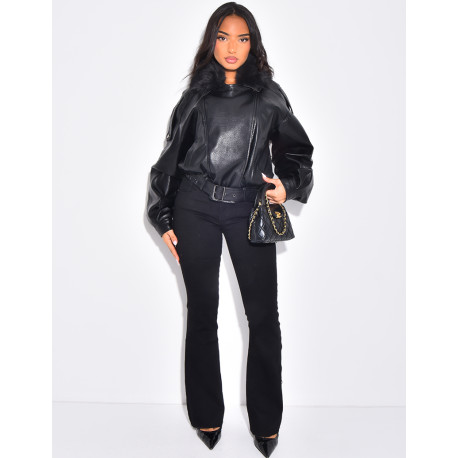 Blouson aviateur en similicuir à col fourrure amovible