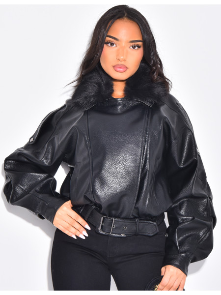 Blouson aviateur en similicuir à col fourrure amovible