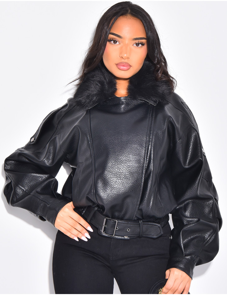 Blouson aviateur en similicuir à col fourrure amovible